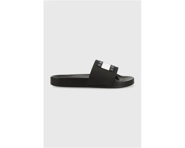 Tommy Jeans papuci FLAG POOL SLD ESS femei, culoarea negru, EN0EN02115