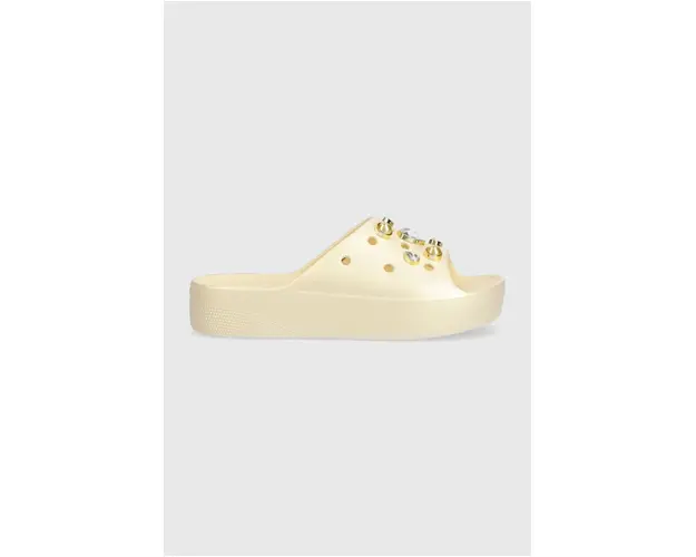 Crocs papuci Classic Platform Crystals Perls Slide femei, culoarea bej, cu platforma 206750