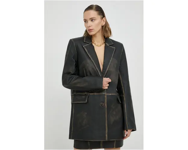 Remain sacou de piele culoarea maro, oversize, modelator