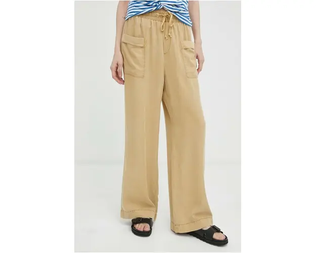 Mustang pantaloni Style Drawstring Wide Leg femei, culoarea bej, drept, high waist