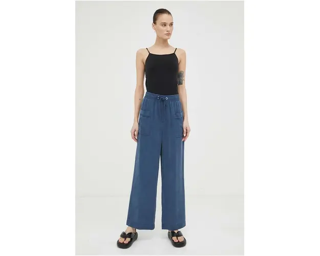 Mustang pantaloni Style Drawstring Wide Leg femei, culoarea albastru marin, lat, high waist