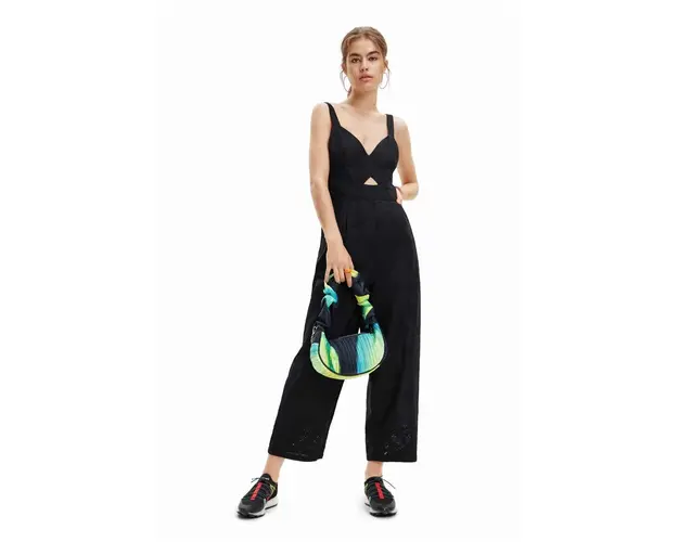 Desigual salopeta din bumbac culoarea negru, bumbac, cu decolteu in v