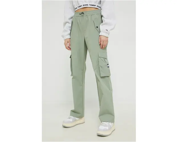Tommy Jeans pantaloni femei, culoarea verde, fason cargo, high waist
