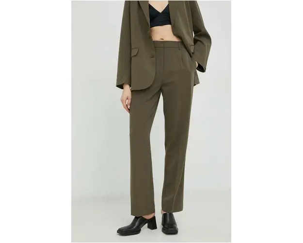 Samsoe Samsoe pantaloni femei, culoarea verde, drept, high waist