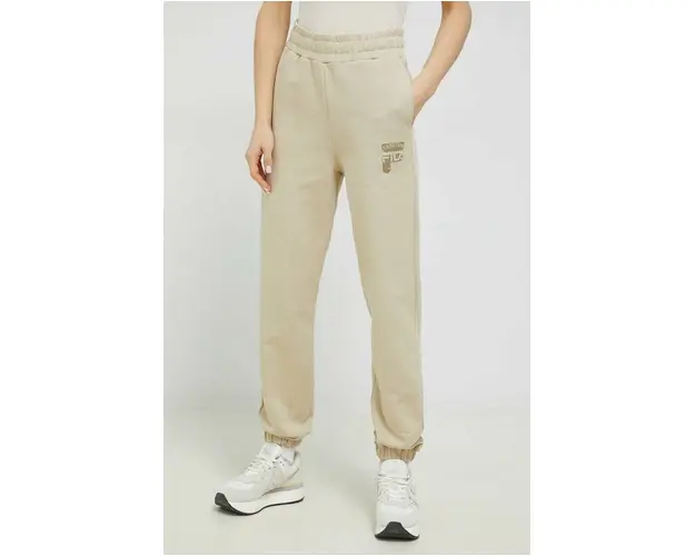Fila pantaloni de trening din bumbac culoarea bej, neted