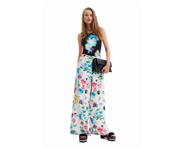 Desigual pantaloni femei, culoarea alb, lat, high waist