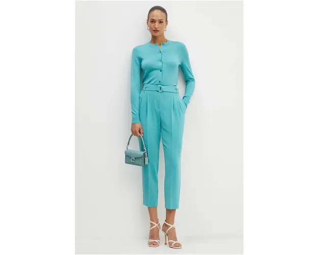 BOSS pantaloni femei, culoarea turcoaz, drept, high waist