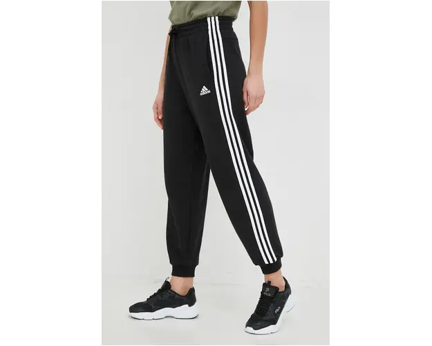Adidas pantaloni de trening din bumbac femei, culoarea negru, cu imprimeu
