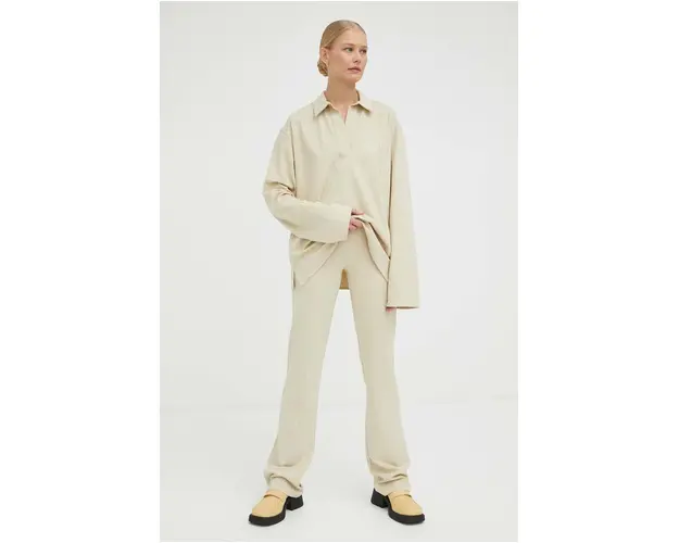 Samsoe Samsoe pantaloni femei, culoarea bej, drept, high waist