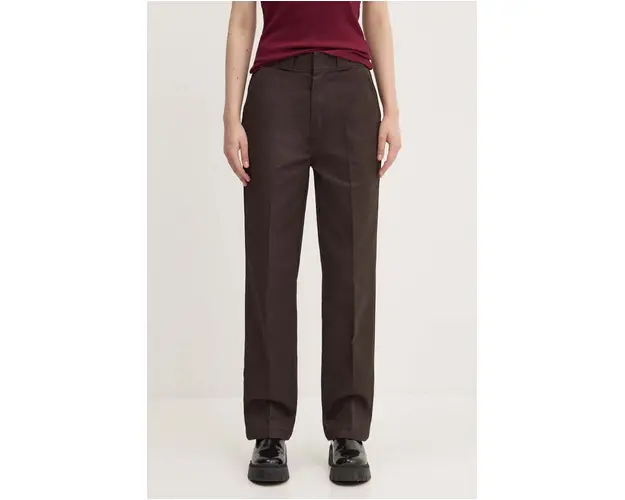 Dickies pantaloni femei, culoarea maro, drept, high waist