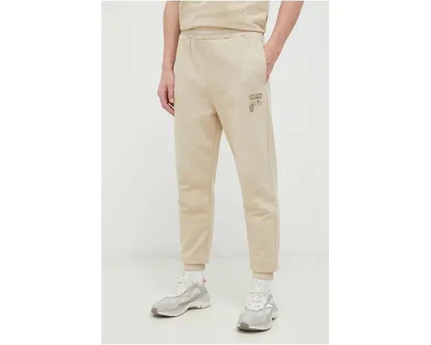 Fila pantaloni de trening din bumbac culoarea bej, neted