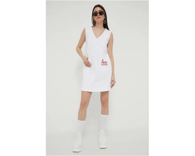 Love Moschino rochie jeans culoarea alb, mini, drept