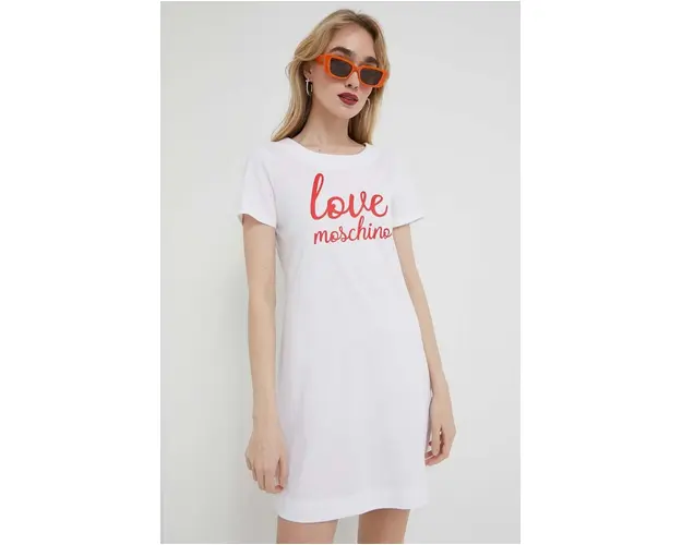 Love Moschino rochie din bumbac culoarea alb, mini, drept