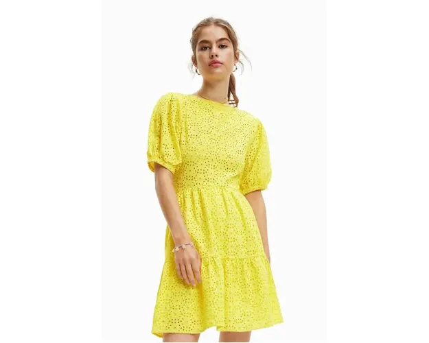 Desigual rochie din bumbac culoarea galben, mini, evazati