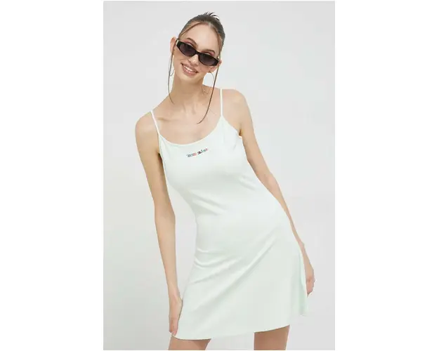Tommy Jeans rochie culoarea verde, mini, evazati