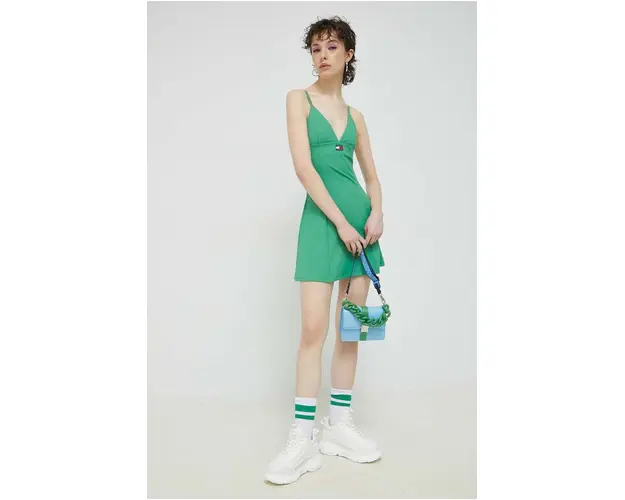 Tommy Jeans rochie culoarea verde, mini, evazati