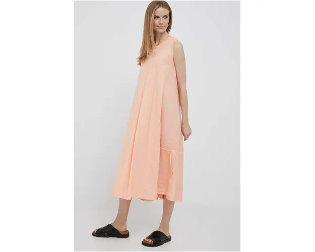 Deha rochie din amestec de in culoarea portocaliu, midi, evazati