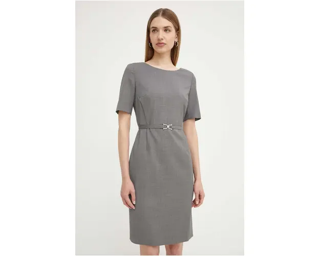 BOSS rochie din lana culoarea gri, mini, mulata