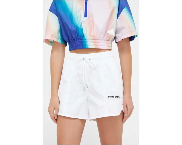 Puma pantaloni scurti femei, culoarea alb, cu imprimeu, high waist