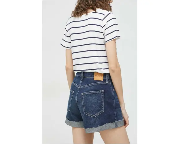 Hollister Co. pantaloni scurti jeans femei, culoarea albastru marin, neted, high waist
