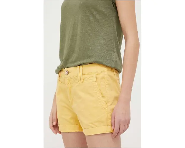 Pepe Jeans pantaloni scurti din bumbac Balboa culoarea galben, neted, medium waist
