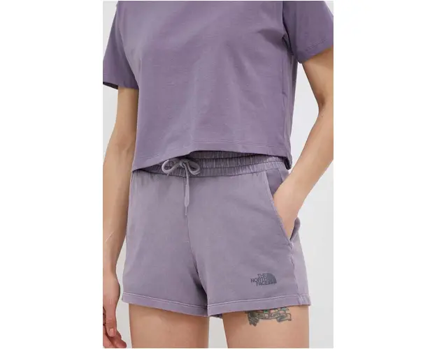 The North Face pantaloni scurti din bumbac culoarea violet, neted, high waist