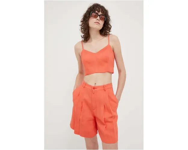 Drykorn pantaloni scurti din in culoarea portocaliu, neted, high waist
