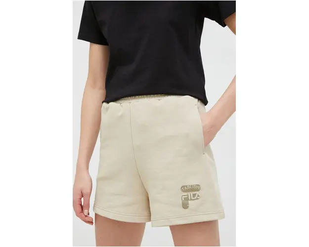 Fila pantaloni scurti din bumbac culoarea bej, cu imprimeu, high waist