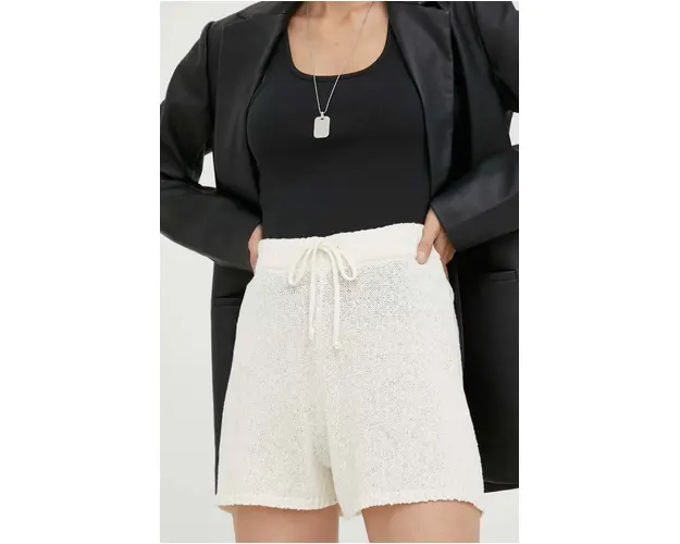 Mustang pantaloni scurti din bumbac culoarea bej, neted, high waist