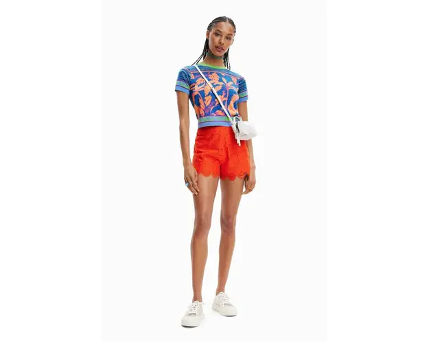 Desigual pantaloni scurti femei, culoarea rosu, neted, high waist