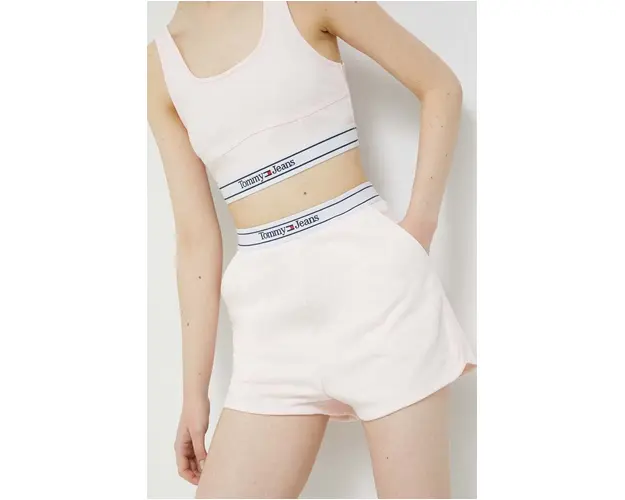 Tommy Jeans pantaloni scurti femei, culoarea roz, neted, high waist