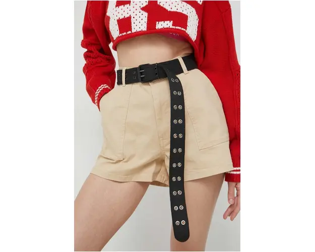Tommy Jeans pantaloni scurti femei, culoarea bej, neted, high waist