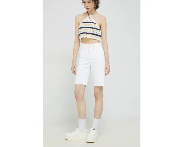 Tommy Jeans pantaloni scurti jeans femei, culoarea alb, neted, high waist