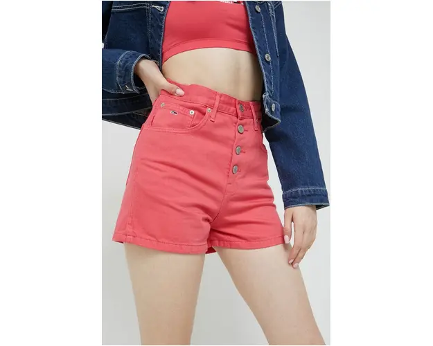 Tommy Jeans pantaloni scurti jeans femei, culoarea roz, neted, high waist