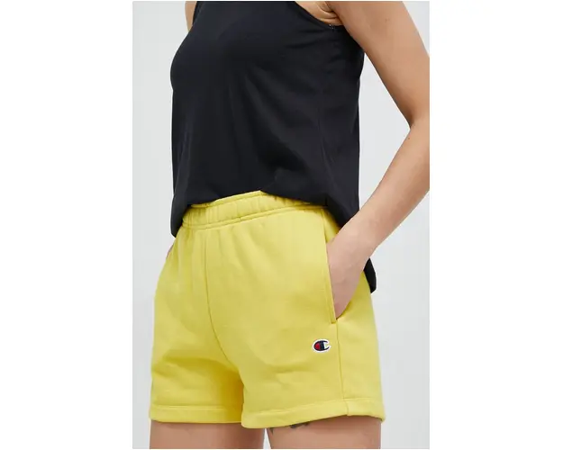 Champion pantaloni scurti femei, culoarea galben, neted, high waist