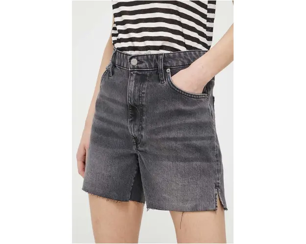 Superdry pantaloni scurti jeans femei, culoarea gri, neted, high waist