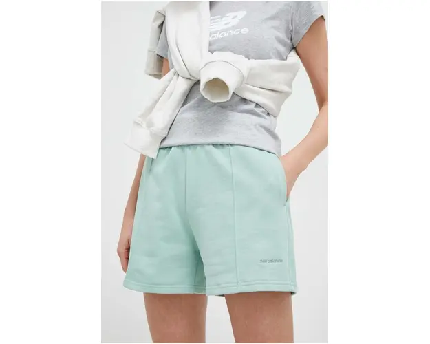 New Balance pantaloni scurti din bumbac culoarea verde, neted, high waist
