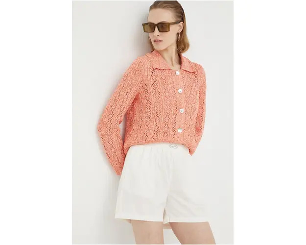 Résumé pantaloni scurti femei, culoarea bej, neted, high waist