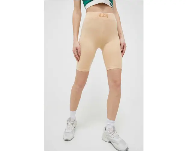 Ellesse pantaloni scurti femei, culoarea bej, neted, medium waist