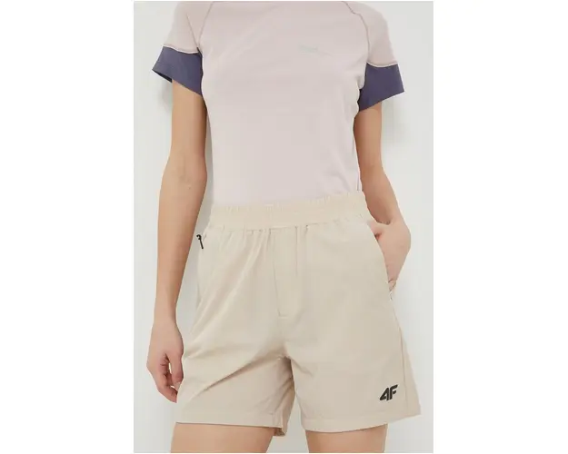 4F pantaloni scurti outdoor culoarea bej, neted, medium waist