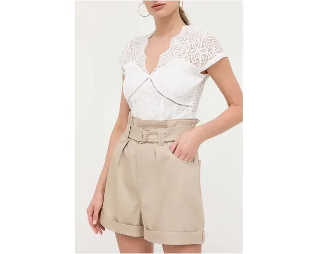 Morgan pantaloni scurti din bumbac culoarea bej, neted, high waist