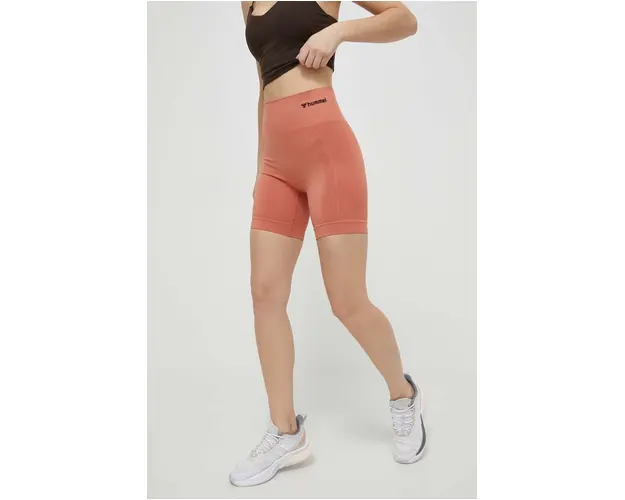 Hummel pantaloni scurti de antrenament Tif culoarea portocaliu, neted, high waist