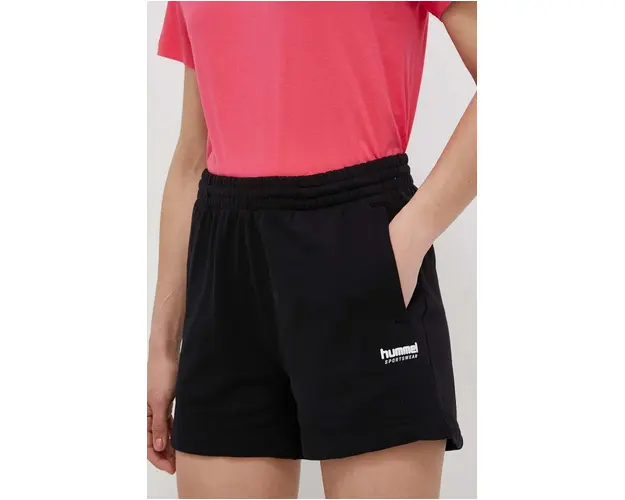Hummel pantaloni scurti din bumbac culoarea negru, neted, medium waist