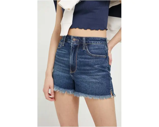 Hollister Co. pantaloni scurti jeans femei, culoarea albastru marin, neted, high waist