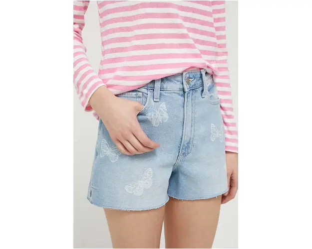 Hollister Co. pantaloni scurti jeans CURVY JEANS femei, cu imprimeu, high waist