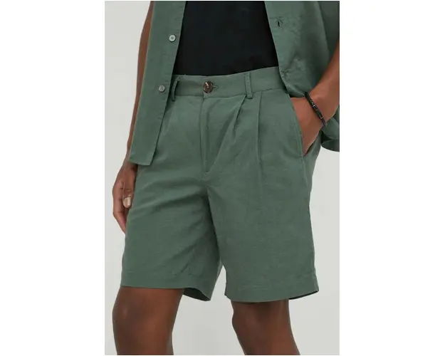 Bruuns Bazaar pantaloni scurti din in Lino Germain culoarea verde, melanj