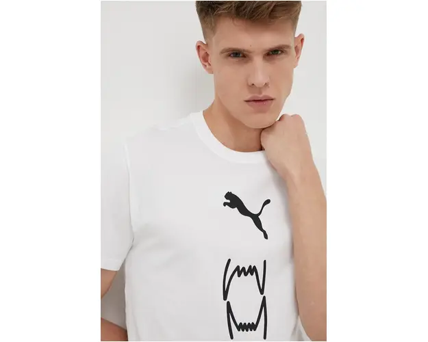 Puma tricou din bumbac culoarea alb, cu imprimeu