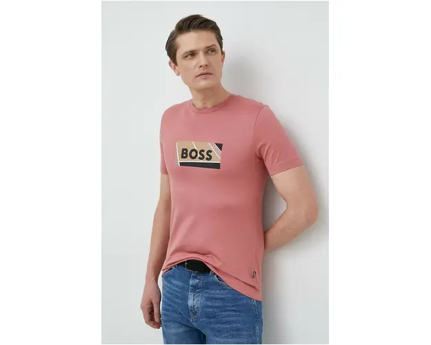 BOSS tricou din bumbac culoarea roz, cu imprimeu