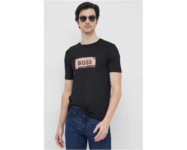 BOSS tricou din bumbac culoarea negru, cu imprimeu