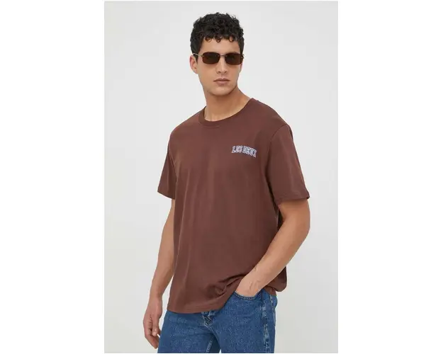 Les Deux tricou din bumbac culoarea maro, cu imprimeu